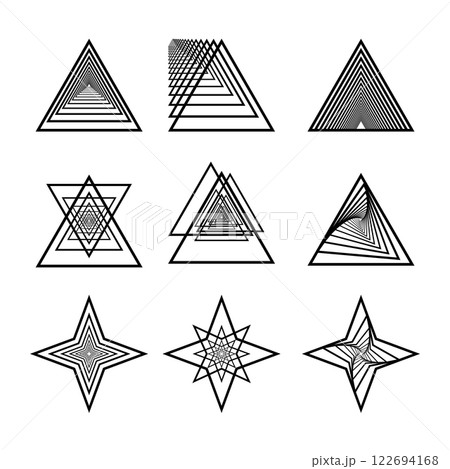 Geometric Abstract Triangle and Star Line Art Vector Illustration. A collection of nine geometric abstract vector designs featuring intricate triangular and star-like patterns. Geometric Abstract Triangle and Star Line Art Vector Illustration. A collection of nine geometric abstract vector designs featuring intricate triangular and star-like patterns. 122694168
