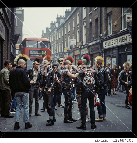ロンドンの街に集うモヒカンのパンクス ロンドンの街に集うモヒカンのパンクス 122694200