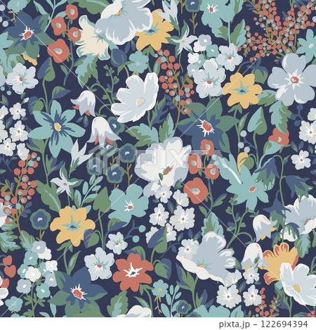 This beautiful floral plant background is perfect for fashion, wallpapers, and prints. It showcases the Liberty style known as millefleurs, and the Scandinavian floral design adds a modern touch. This beautiful floral plant background is perfect for fashion, wallpapers, and prints. It showcases the Liberty style known as millefleurs, and the Scandinavian floral design adds a modern touch. 122694394