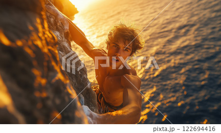 determined rock climber scaling steep cliffside at sunset 122694416
