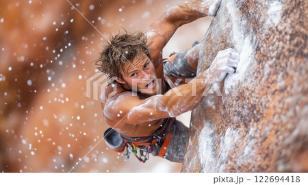 focused climber gripping overhanging boulder with chalk dust 122694418