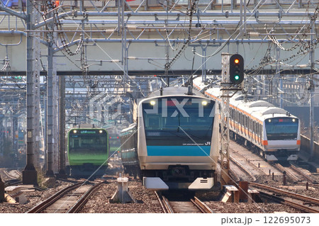神田付近を行く上野東京ライン・山手線・京浜東北線快速電車・中央快速線 神田付近を行く上野東京ライン・山手線・京浜東北線快速電車・中央快速線 122695073