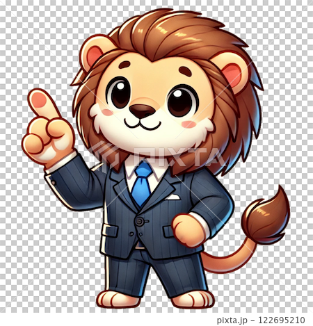 人差し指を立てて説明する、スーツを着たライオン 122695210