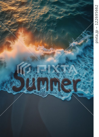 seascape view from above, large and beautiful ocean wave on beach, with inscription summer, at sunset, sunlight and wind shines through crest of wave, beautiful nature as background 122695662