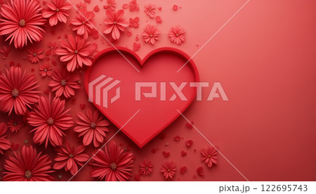 abstract festive background of flowers and heart shapes on a red background for Valentine's Day celebrations 122695743