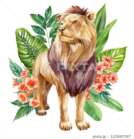 Powerful Lion Surrounded by Lush Green Leaves and Vibrant Flowers. Hand-Painted Watercolor Art for Wildlife Enthusiasts Powerful Lion Surrounded by Lush Green Leaves and Vibrant Flowers. Hand-Painted Watercolor Art for Wildlife Enthusiasts 122695767