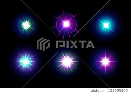 Speed effect. Light flash. Space stars. Galaxy glitter. Laser lighting. Shiny glare. Futuristic sparkle burst. Glowing radial rays. Sunlight beams. Sparkling flare. Vector illuminated elements set 122695809