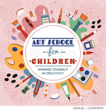Art craft for kids. Schoolchildren painting. Poster about children creativity drawing. Class material, pencil, paintbrush. Circle frame. Creative stationery in round form. Vector design tidy banner Art craft for kids. Schoolchildren painting. Poster about children creativity drawing. Class material, pencil, paintbrush. Circle frame. Creative stationery in round form. Vector design tidy banner 122695834
