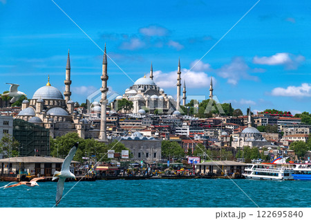 Stunning panoramic view of Istanbul's historic skyline, featuring iconic mosques, bustling waterfront, and clear blue skie Stunning panoramic view of Istanbul's historic skyline, featuring iconic mosques, bustling waterfront, and clear blue skie 122695840