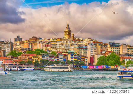 A panoramic view of Istanbul, Turkey, showcasing boats on the water with the city's skyline in the background 122695842