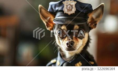 The little chihuahua, wearing a police uniform, looks stern and ready for action. The little chihuahua, wearing a police uniform, looks stern and ready for action. 122696164