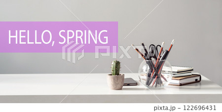 Hello Spring written on office workspace background. 122696431