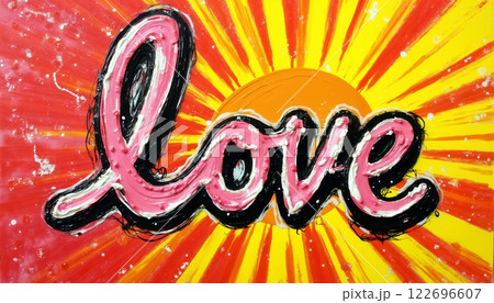 the inscription Love made with paints multicolored and bright on an abstract background, illustration for Valentine's Day 122696607