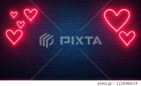 Neon hearts glow in the night against a brick wall, an abstract holiday backdrop for Valentine's Day celebrations Neon hearts glow in the night against a brick wall, an abstract holiday backdrop for Valentine's Day celebrations 122696614