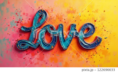 the inscription Love made with paints multicolored and bright on an abstract background, illustration for Valentine's Day 122696633