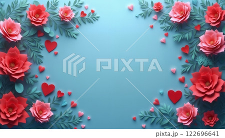abstract festive background of red flowers on a soft cyan background for Valentine's Day celebrations 122696641