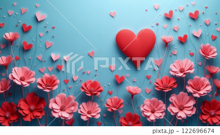 abstract festive background of red flowers and heart shapes on a soft cyan background for Valentine's Day celebrations abstract festive background of red flowers and heart shapes on a soft cyan background for Valentine's Day celebrations 122696674