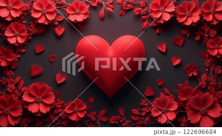 abstract festive background of red flowers and heart shapes on a black background for Valentine's Day celebrations 122696684