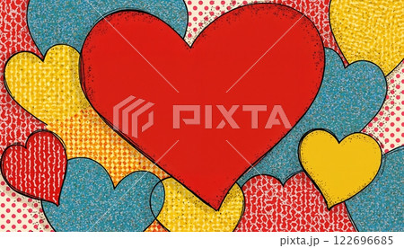 abstract illustration for Valentine's Day celebration, a big red heart and many small ones on colorful background, bright and cheerful 122696685
