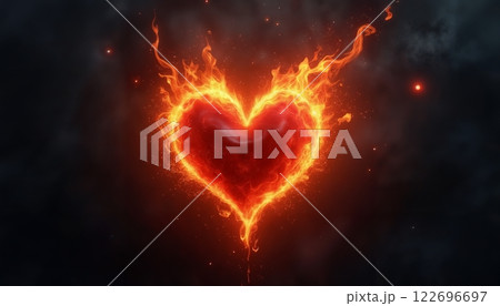 a red heart burning with fire on a dark background with flames, an abstract dark backdrop for the Valentine's Day celebration 122696697