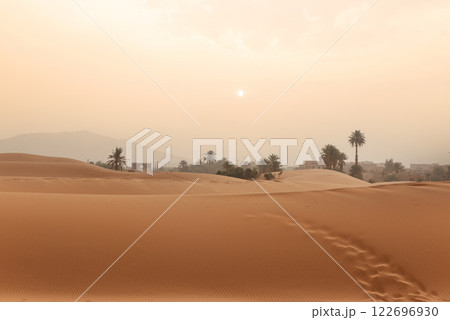Majestic beautiful scene of Merzouga dunes of Sahara desert Morocco. 122696930