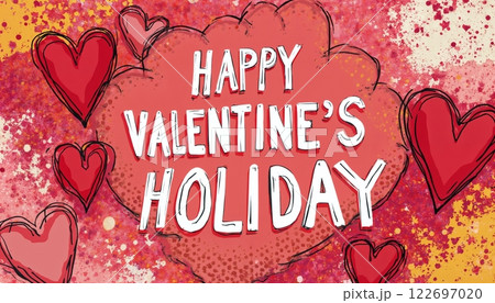 abstract illustration with inscription for Happy Valentine's Day holiday celebration, with hearts on pink background, colorful, bright and cheerful 122697020