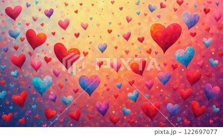 abstract illustration for Valentine's Day celebration, many hearts on colorful background, bright and cheerful 122697077