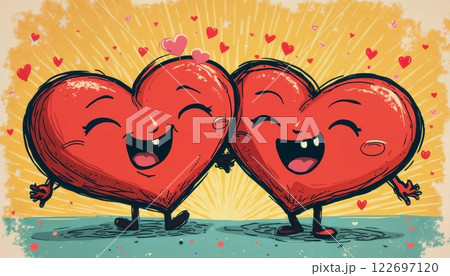 abstract background for Valentine's Day celebrations, red singing hearts rejoice and are happy together, pop art illustration 122697120