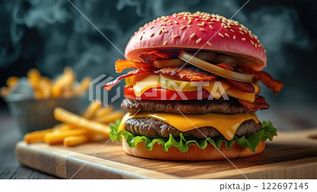 Artisanal Steakhouse Burger with Gourmet Toppings and Hand-Cut Fries A Culinary Masterpiece of Premium Ingredients and Expert Preparation Artisanal Steakhouse Burger with Gourmet Toppings and Hand-Cut Fries A Culinary Masterpiece of Premium Ingredients and Expert Preparation 122697145