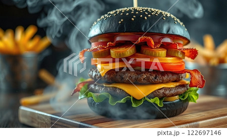 Artisanal Steakhouse Burger with Gourmet Toppings and Hand-Cut Fries A Culinary Masterpiece of Premium Ingredients and Expert Preparation 122697146