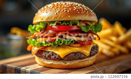 Artisanal Steakhouse Burger with Gourmet Toppings and Hand-Cut Fries A Culinary Masterpiece of Premium Ingredients and Expert Preparation Artisanal Steakhouse Burger with Gourmet Toppings and Hand-Cut Fries A Culinary Masterpiece of Premium Ingredients and Expert Preparation 122697156