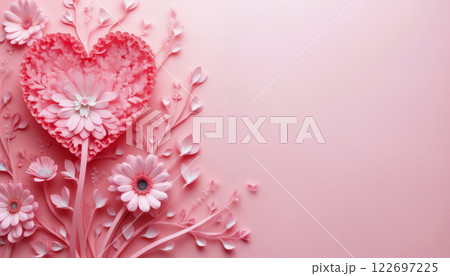 abstract festive background of flowers and heart shapes on a soft pink background for Valentine's Day celebrations 122697225