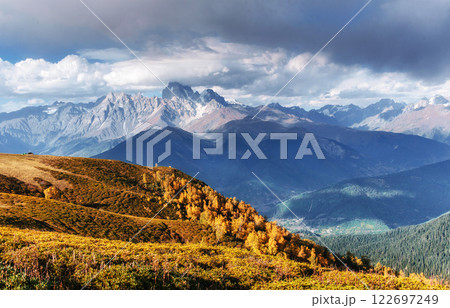 Thick fog on the mountain pass Goulet. Georgia, Svaneti. Europe. Caucasus mountains 122697249