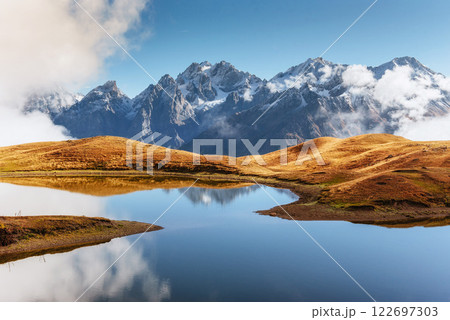 Koruldi mountain lake. Upper Svaneti, Georgia, Europe. Caucasus mountains. 122697303