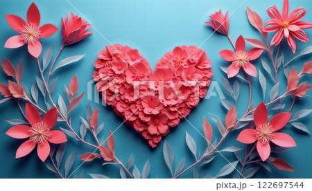 abstract festive background of red flowers and heart shapes on a soft cyan background for Valentine's Day celebrations 122697544