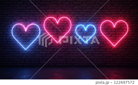 Neon hearts glow in the night against a brick wall, an abstract holiday backdrop for Valentine's Day celebrations 122697572