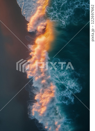 an impressive seascape view from above, a large and beautiful ocean wave on the beach, at sunset, sunlight and wind breaking through the crest of the wave, beautiful nature as a background 122697662