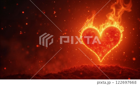 a red heart burning with fire on a dark background with flames, an abstract dark backdrop for the Valentine's Day celebration 122697668