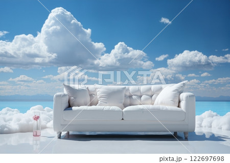 a white sofa on a blue sky background with clouds 122697698