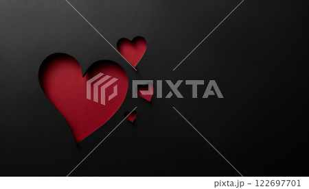 abstract dark background for Valentine day holiday, red hearts shape on a black backdrop with copy space 122697701