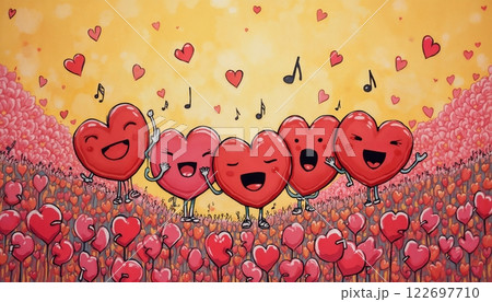 abstract background for Valentine's Day celebrations, red singing hearts and flowers rejoice and are happy together, pop art illustration abstract background for Valentine's Day celebrations, red singing hearts and flowers rejoice and are happy together, pop art illustration 122697710