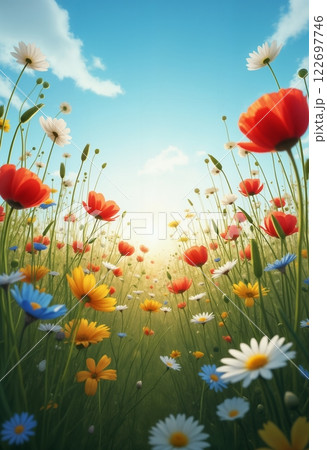 Bright spring landscape with wildflowers and red poppies against a sunny sky as a backdrop, beautiful nature 122697746