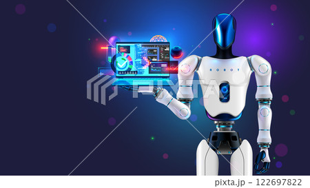 Ai bot programmer with laptop with code programs on screen. Artificial intelligence coder. robot programmer. Software development technology. Ai chat bot create program code, programming on laptop. 122697822
