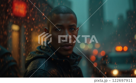 portrait of a man on the street of a night city, it's raining, street lights are reflected, raindrops, gloomy surroundings at dusk 122697911