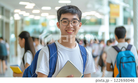 Asian teen male student smiling in school hallway with backpack and books 122698046