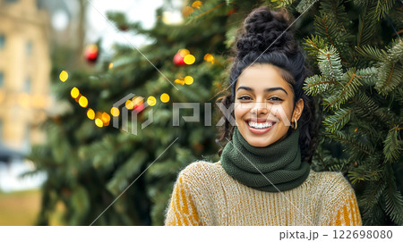 Smiling indian woman in cozy winter attire by festive christmas tree 122698080