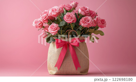 Elegant arrangement of pink roses in a burlap bag with red bow on pink background 122698180