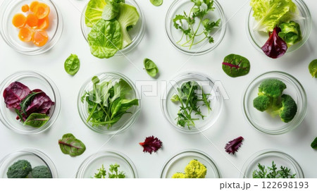 A balanced composition of vegetable-filled dishes forms a beautiful display against a neutral background. 122698193
