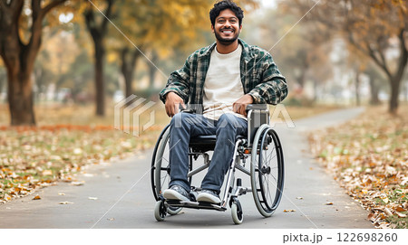 Joyful disabled indian man navigating autumn path in a wheelchair 122698260