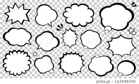吹き出し　セット　白　黒線　コミック　漫画風　ベクター	 122698340